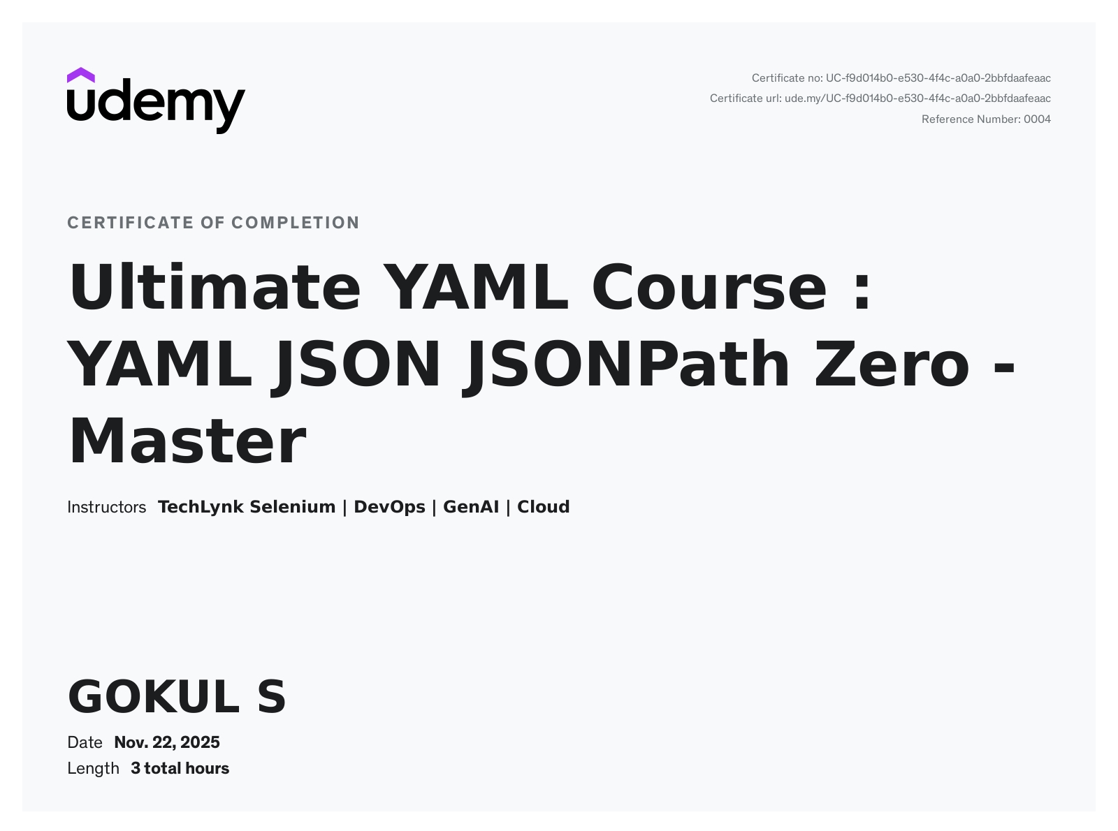 YAML Udemy Certificate